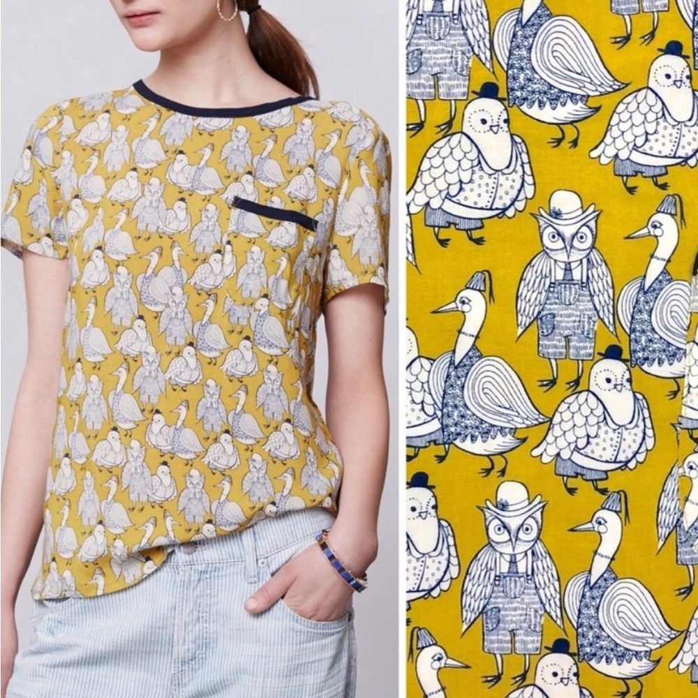 Anthropologie Maeve Bird Owl Printmaker Top Size 4